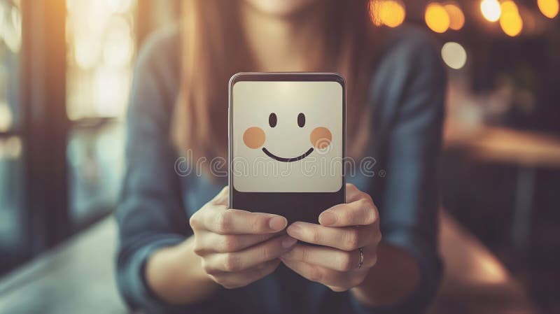 Happy customer holding phone in cafe royalty free illustration
