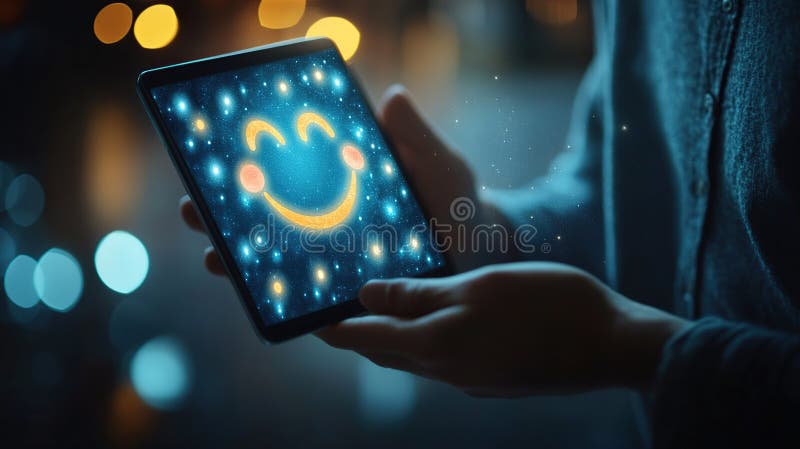 Happy customer holds glowing tablet, night city royalty free illustration