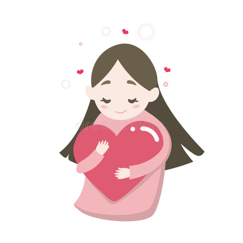 Happy cute girl`s hugging heart with love feeling, vector cartoon illustration royalty free illustration Happy cute girl`s hugging heart with love feeling, vector cartoon illustration royalty free illustration