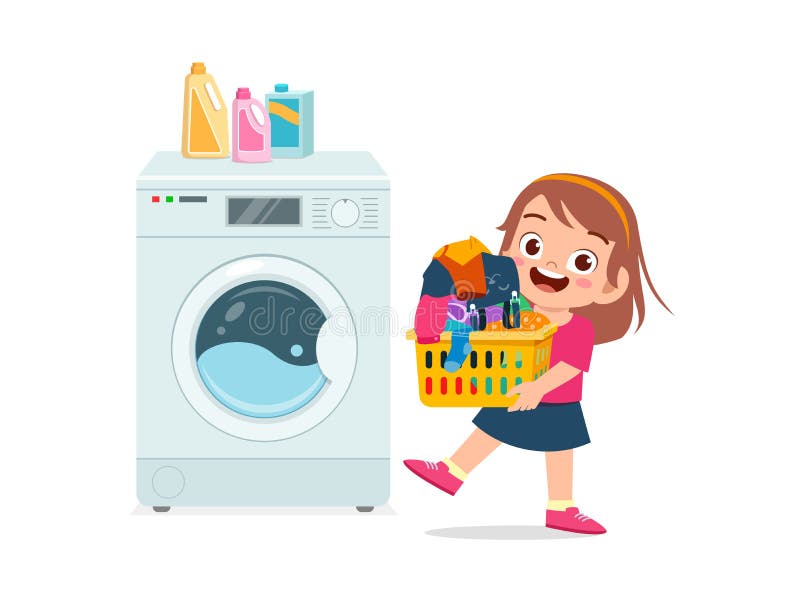 Happy cute kid do laundry with washing machine royalty free illustration
