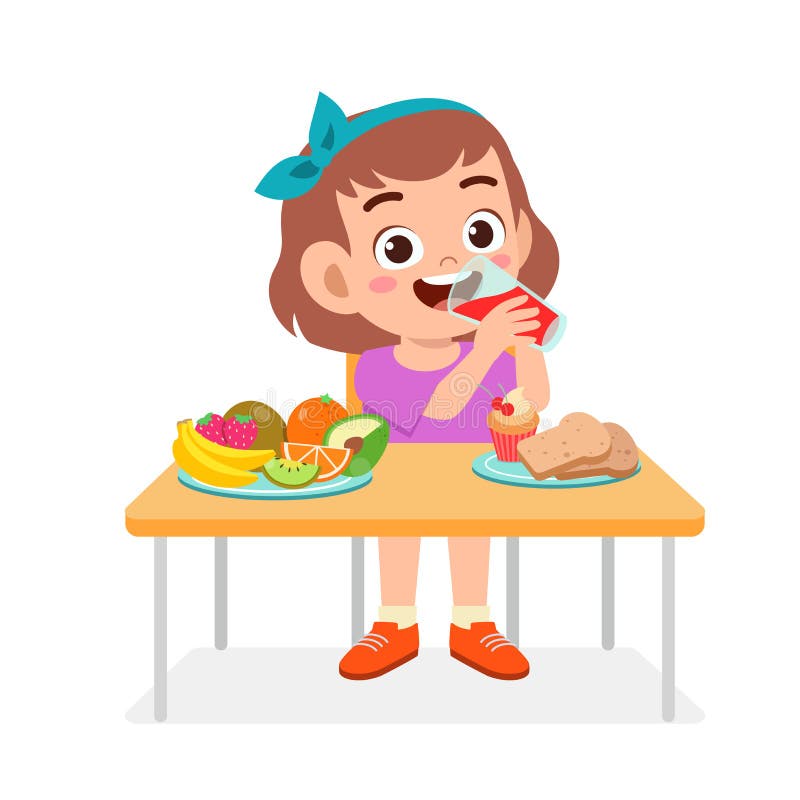 happy cute kid girl eat healthy food