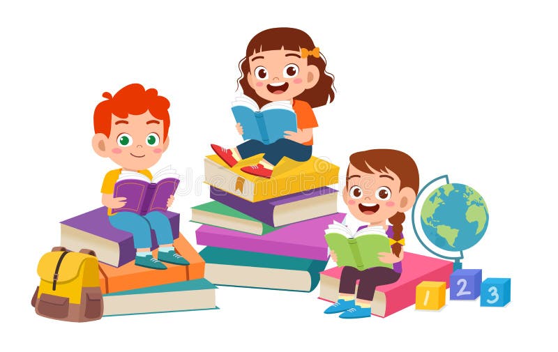 Happy Cute Kids Boy And Girl Read Book Together Stock Vector