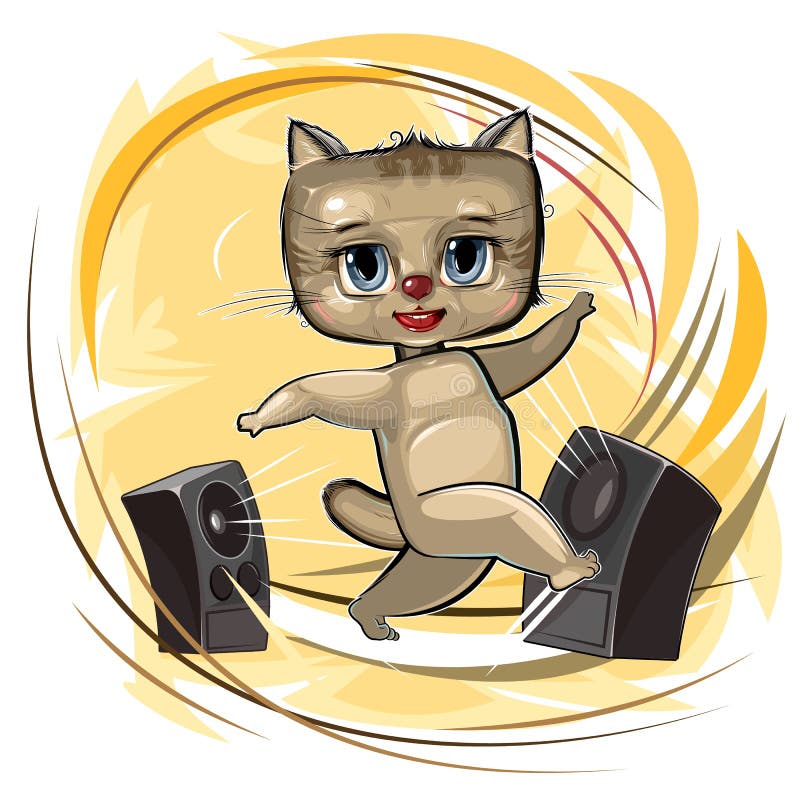 Happy cute Kitten dancing. Loud music from speakers. Dance of a funny animal Cat child. Cartoon style. Illustration for