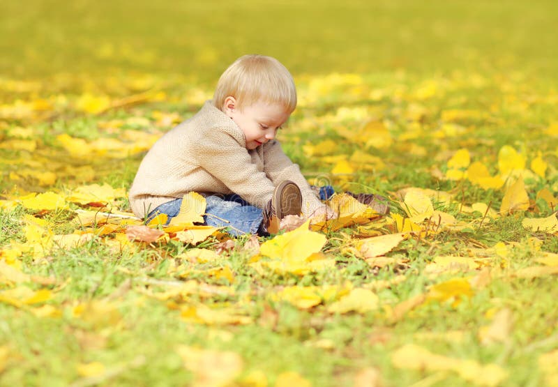 Happy cute little child sitting on grass and playing with yellow leafs in autumn