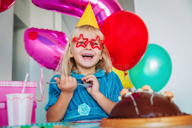 Happy Cute Little Girl at Birthday Party Stock Image - Image of indoor ...