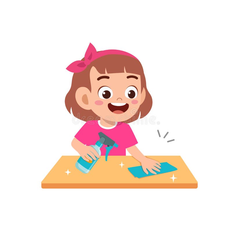 Happy cute little kid boy and girl do chores cleaning table