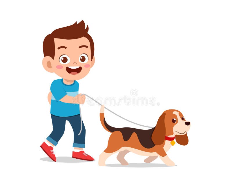 happy cute little kid boy girl play with pet dog