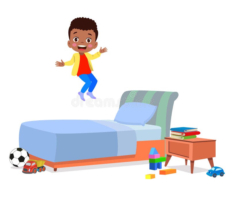 Happy Cute Little Kid Boy Jump on Bed Stock Vector Illustration of