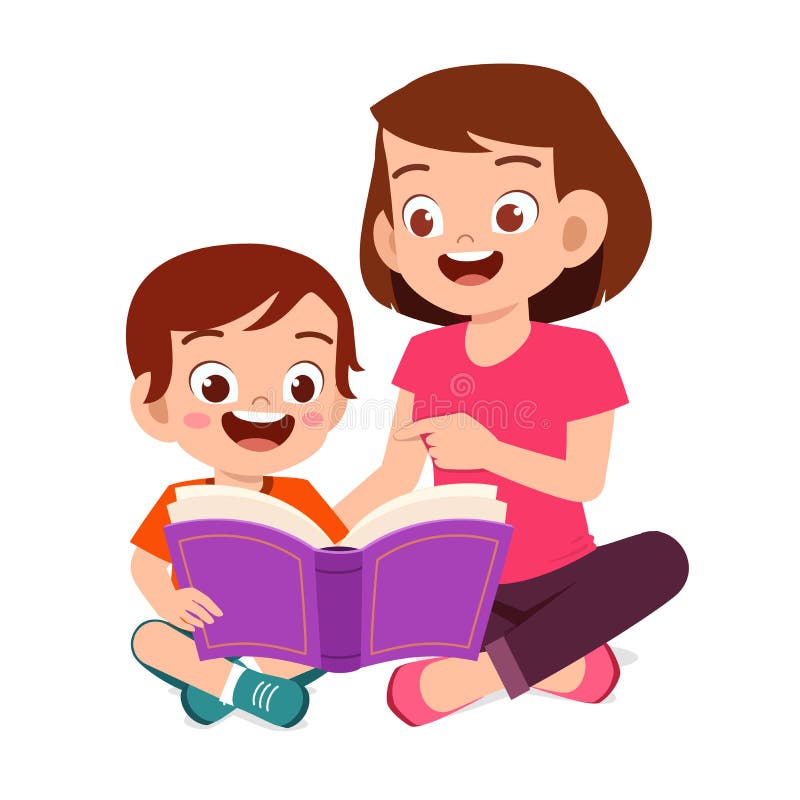 happy cute little kid boy read book with mom