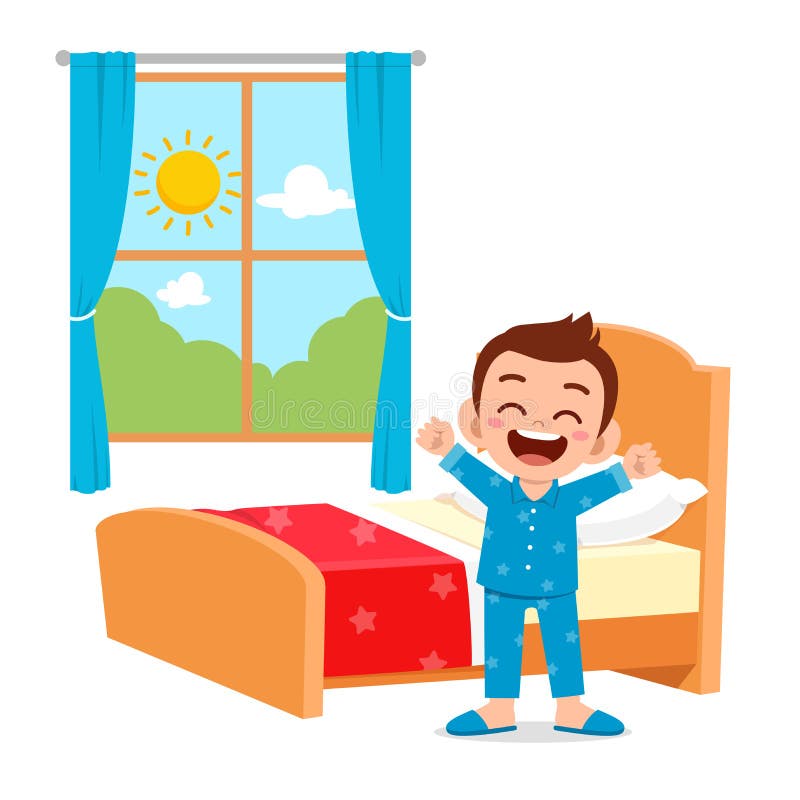 happy cute little kid boy wake up in the morning