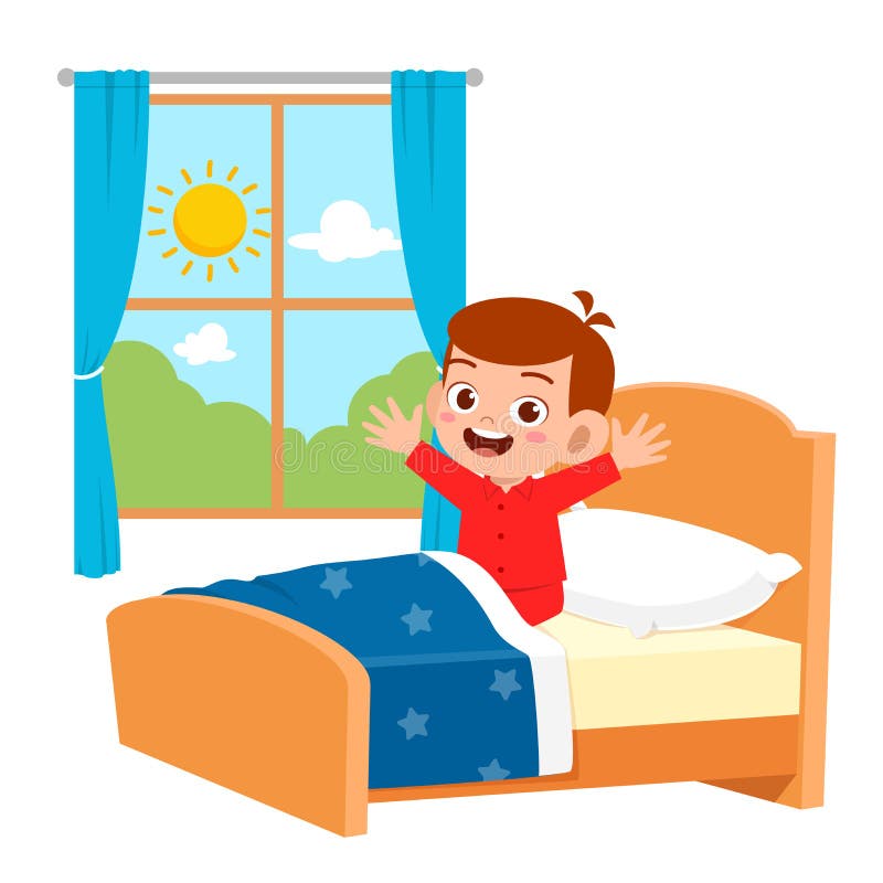 Happy Cute Little Kid Boy Wake Up in the Morning Stock Vector ...