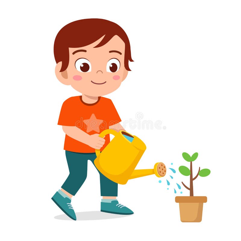 Happy cute little kid boy watering flower royalty free illustration