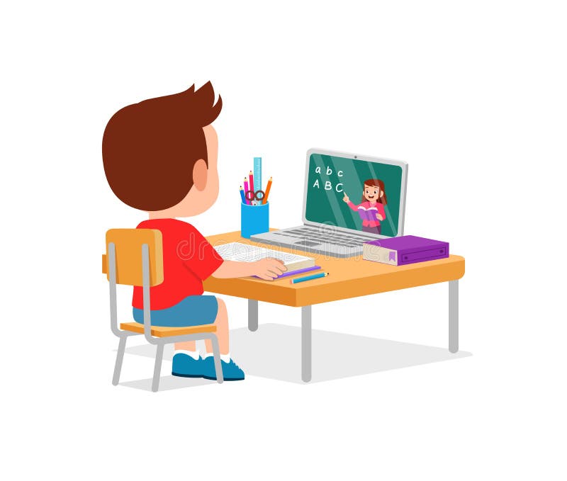 Happy Cute Little Kid Do Home School with Computer Laptop Connect To ...