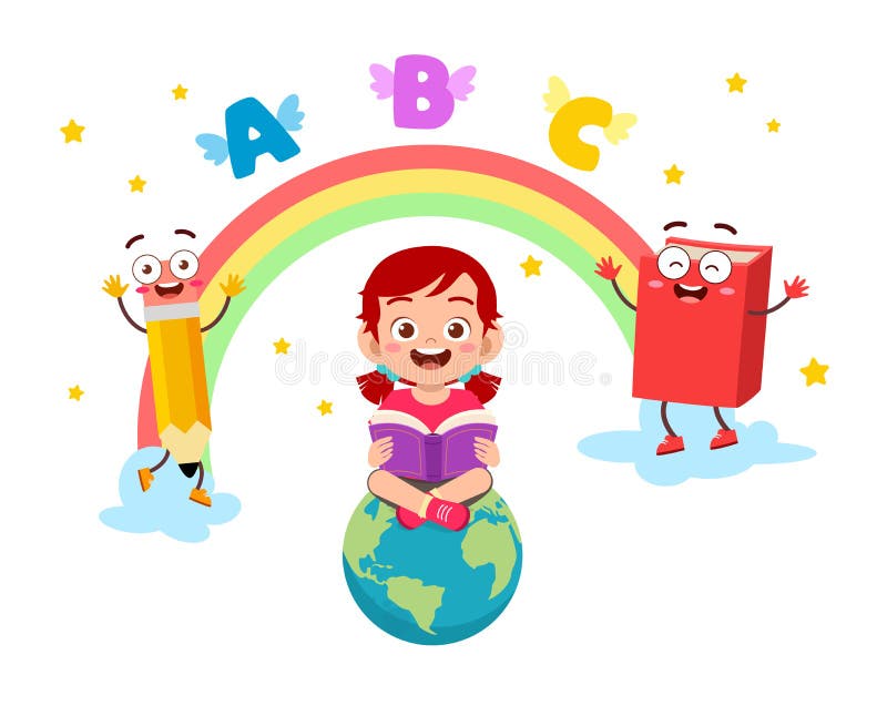 happy cute little kid girl carry box of school supplies Stock