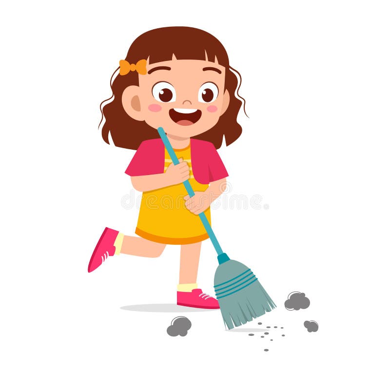 Happy Cute Little Kid Girl Sweeping Floor Stock Vector