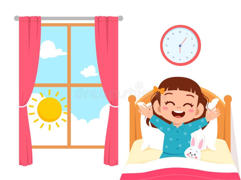 Happy Cute Little Kid Girl Wake Up Stock Vector - Illustration of ...