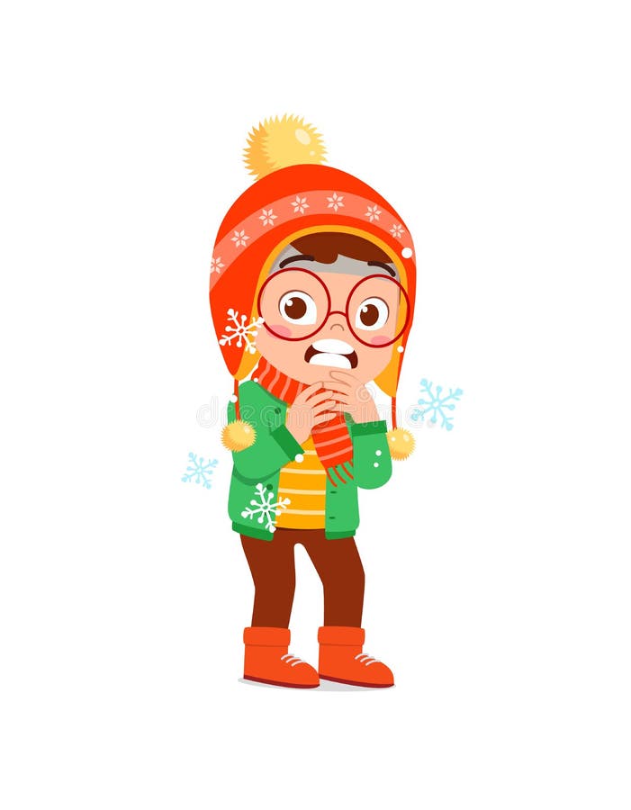 Happy cute little kid play and wear jacket in winter season. child feeling chill wearing warm clothes