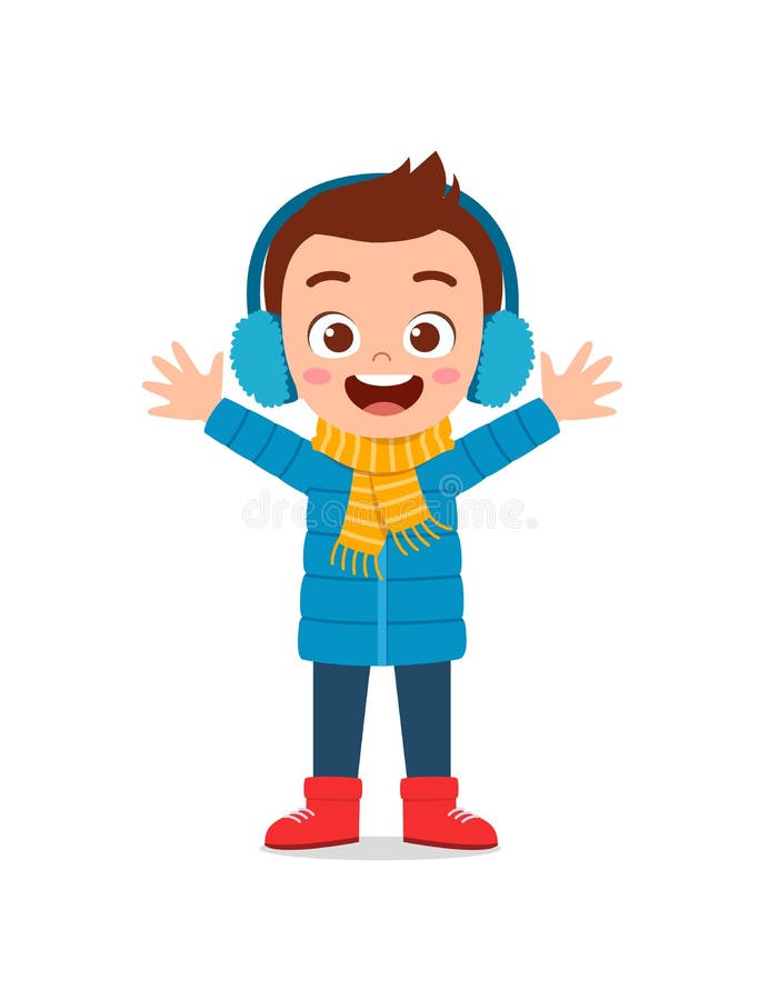 happy cute little kid play and wear jacket in winter season. child smile wearing warm clothes