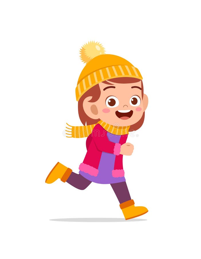 happy cute little kid play and wear jacket in winter season. child smile wearing warm clothes