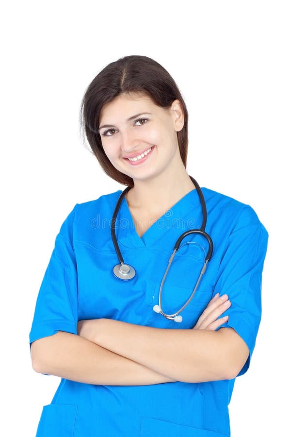 Happy cute nurse in blue uniform