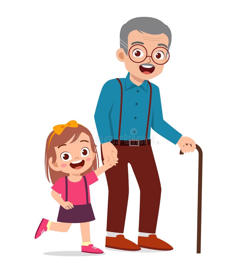 Happy cute old man with family together stock illustration