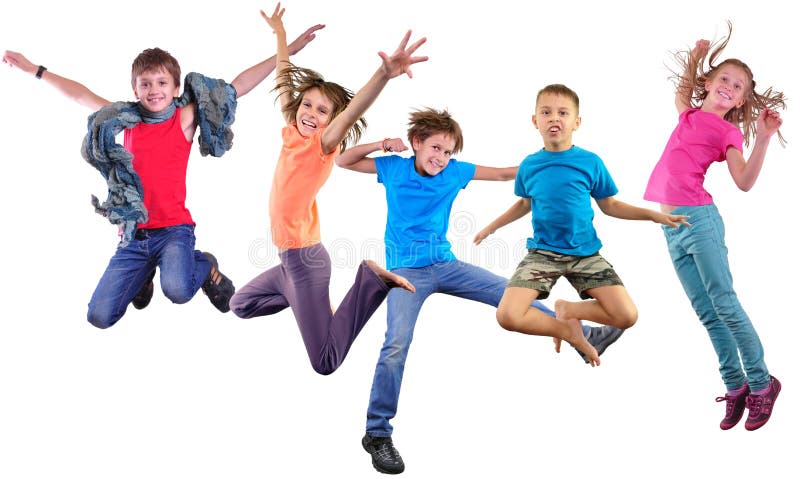 Group happy dancing jumping together children isolater over white background. Photo collage. Childhood, active lifestyle, sports and happiness concept. Group happy dancing jumping together children isolater over white background. Photo collage. Childhood, active lifestyle, sports and happiness concept.