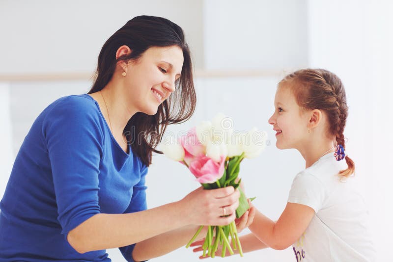 Happy Daughter Giving Mother A Spring Flower Bouquet Stock Image Image Of Concept Happiness 