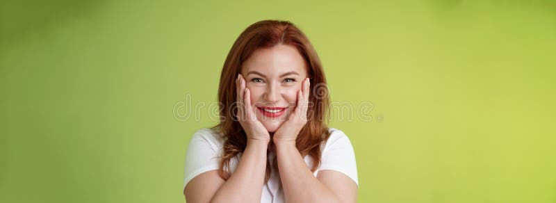 Happy Delighted Cheerful Lucky Redhead Middle Aged Caucasian Woman 