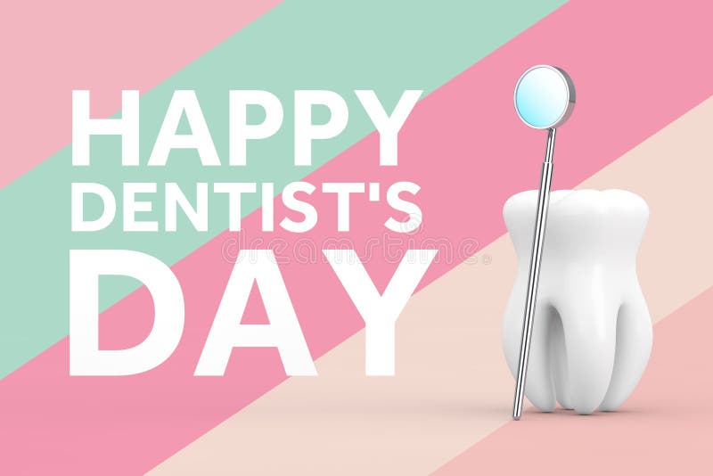 Happy Dentiers Day Concept. Zahnsymbol mit Dentalspiegel für Zähne und Happy Dentiers Day signe 3d Rendering stockbilder