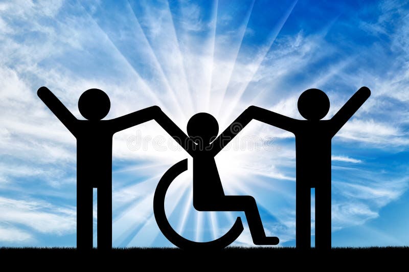 Happy disabled person in a wheelchair together with healthy people royalty free stock photos Happy disabled person in a wheelchair together with healthy people royalty free stock photos