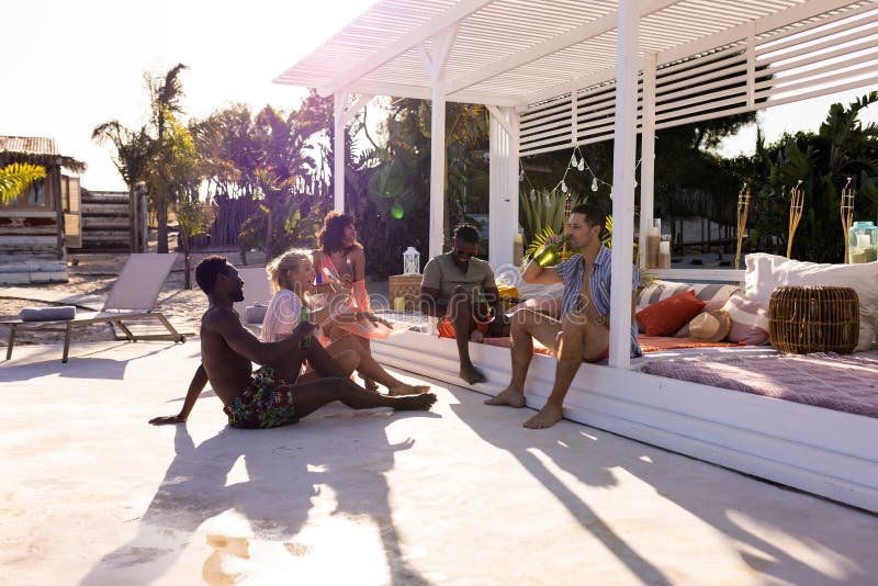 Happy Diverse Friends Having Party by Swimming Pool, Drinking Beer ...