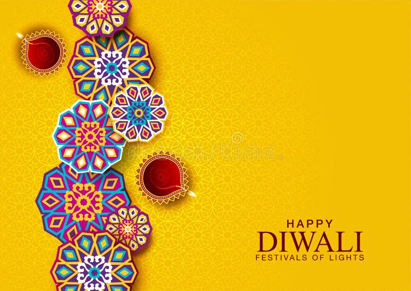 Happy Diwali Celebration Background. Top View of Banner Design Decorated  with Illuminated Oil Lamps on Patterned Yellow Background Stock Vector -  Illustration of india, indian: 198727186