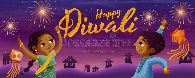 Happy Diwali design with children holding traditional lantern and enjoying fireworks on purple background