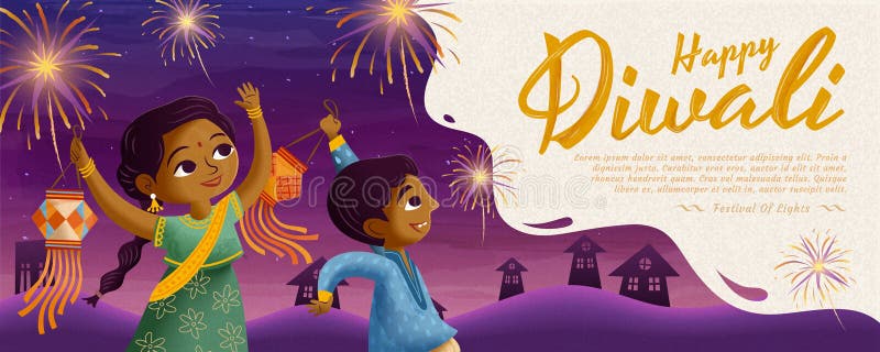 Happy Diwali design with children holding traditional lantern and enjoying fireworks on purple background