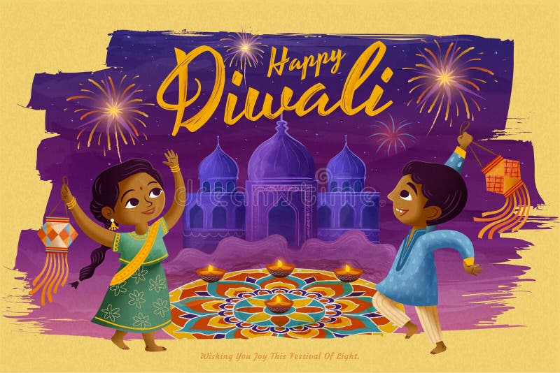 Happy Diwali design with children holding traditional lantern in front of rangoli on purple background