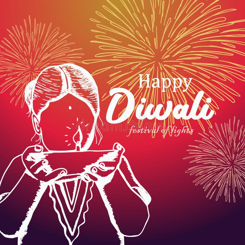 Happy Diwali greeting design with children hand drawn and burning diya illustration. Abstract colorful fire works background vector eps 10.