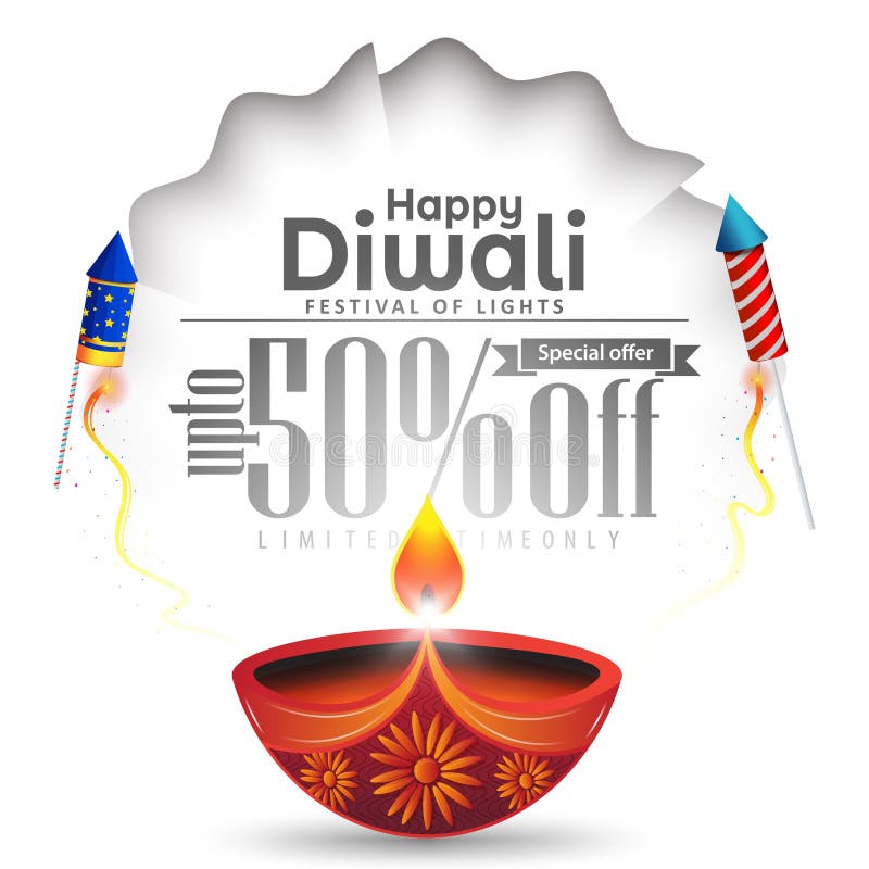 Happy Diwali White Banner With Diya And Stars Decoration Stock Vector