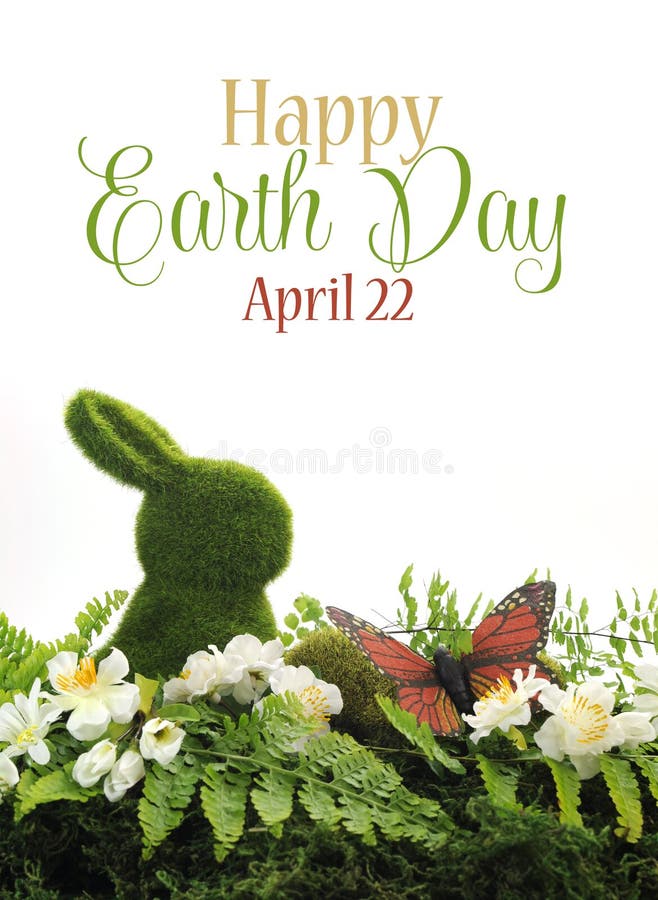 Happy Earth Day, April 22, scene with green moss bunny rabbit, butterfly, ferns and spring blossoms with sample text