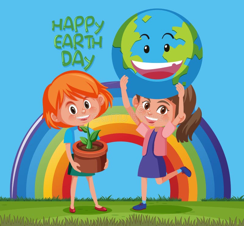 Happy Earth Day Poster Design with Two Girls and Happy Earth Stock