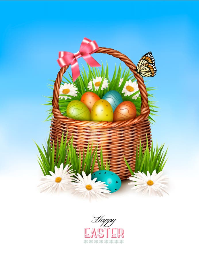 Happy Easter Background. Basket with Eggs and a Butterfly Stock Vector