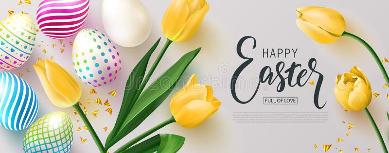 Happy Easter banner.Egg hunt. Beautiful Background with colorful eggs, yellow tulips and Golden serpentine. Vector illustration for website , posters,ads, coupons, promotional material.