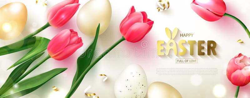 Happy Easter banner.Egg hunt. Beautiful Background with Golden and white eggs,Tulips and serpentine. Vector illustration