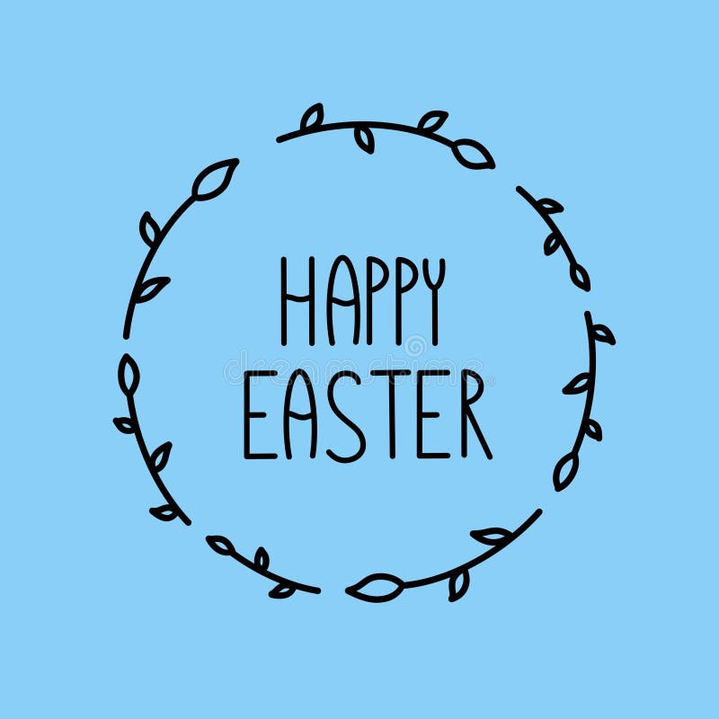 Happy Easter brush lettering illustration on blue background. Holiday greeting card or postcard. Sign round floral leave frame