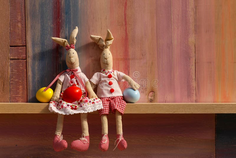 Happy Easter Bunny Couple with Eggs Background Stock Photo Image of