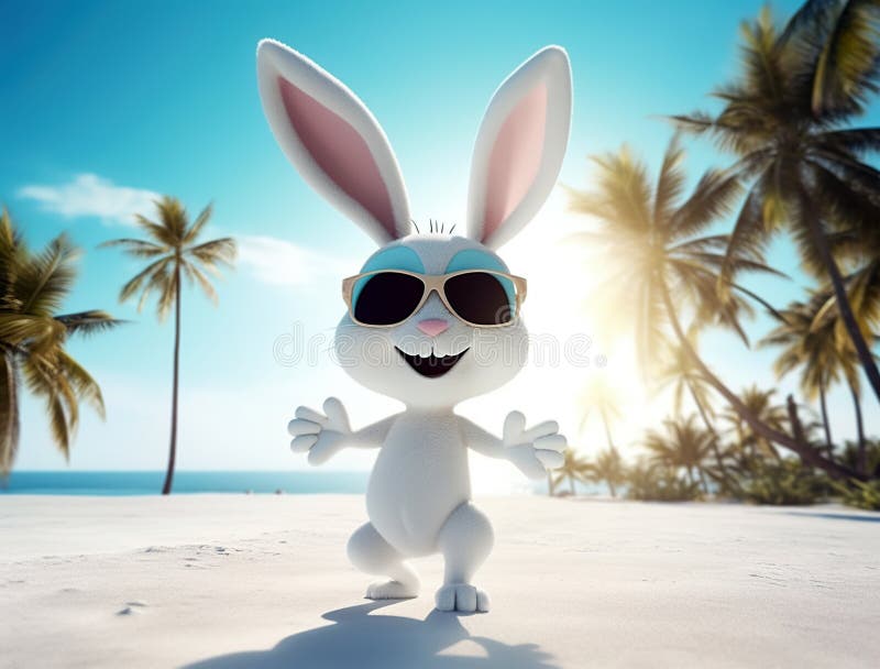 Happy Easter bunny in sunglasses on the beach.