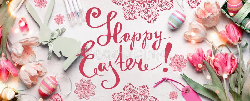 Happy Easter card. Various Easter eggs, markers and handicraft decoration accessories with fresh tulips flowers on white