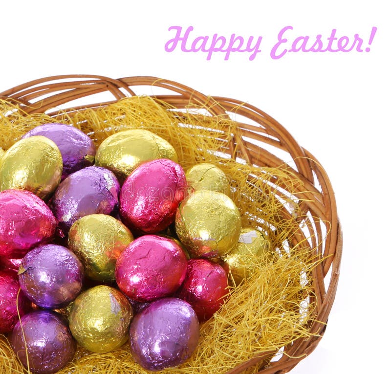 Happy Easter, Colorful Chocolate Easter Eggs in Basket Isolated Stock