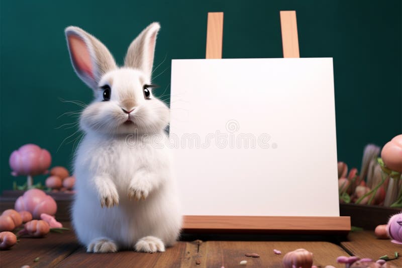 Happy Easter Concept a Cute Bunny Poses with a Blank Whiteboard Stock