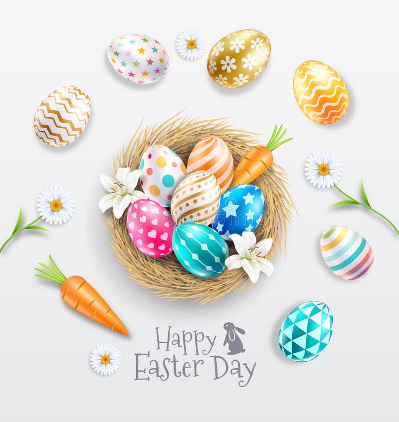 Happy easter day easter eggs colorful different and patterns texture  on egg nest with lilies and daisies flower. Vector