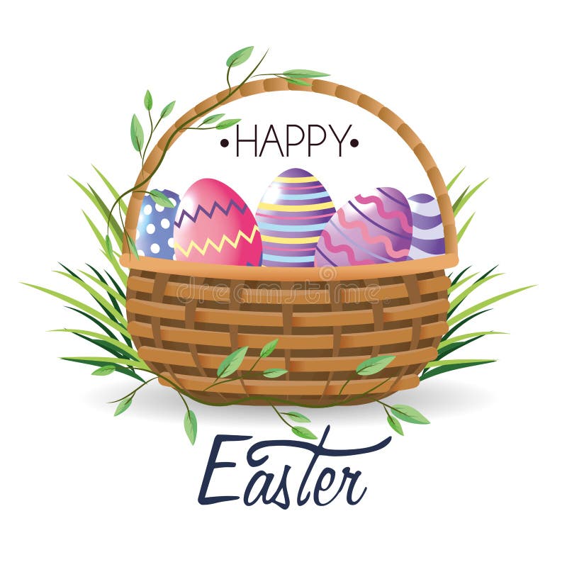 Happy Easter Easter Eggs Decoration Inside Basket with Grass Stock